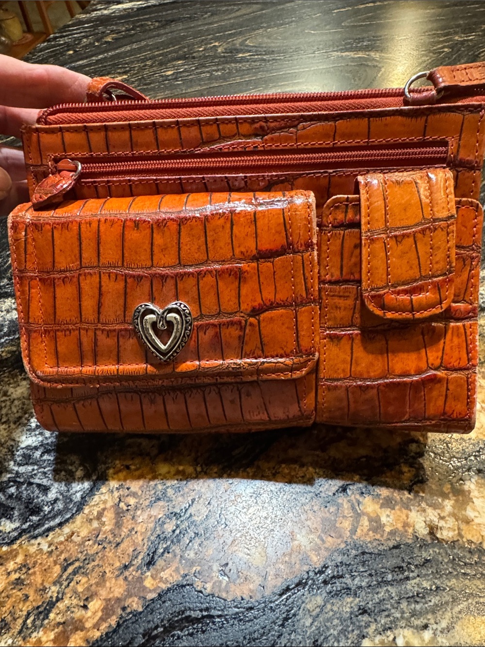 Brighton Orange Croc-Embossed Crossbody with Heart Charm